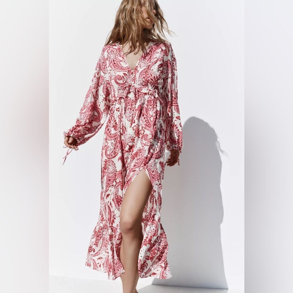 ZARA PRINTED MIDI DRESS WITH EMBROIDERED EYELETS